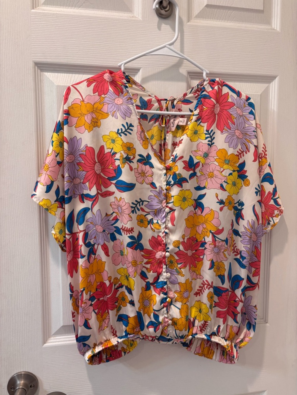 Willow Root Floral Button-Front Short Sleeve Top - White/Multi